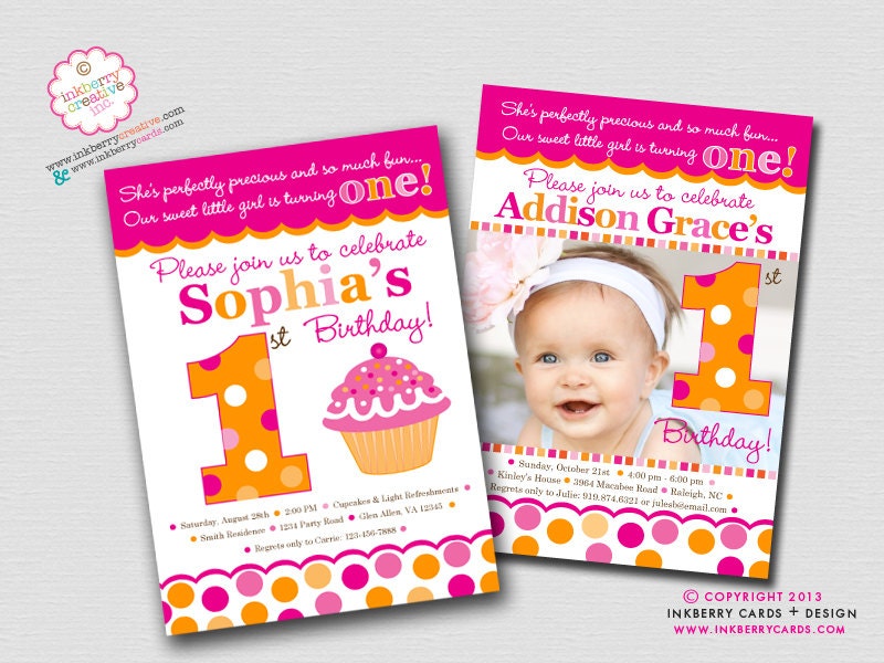 Cupcake Cutie Pie (Pink and Orange) - First Birthday Party Invitation (Digital File OR Cardstock Printed Cards Also Available)