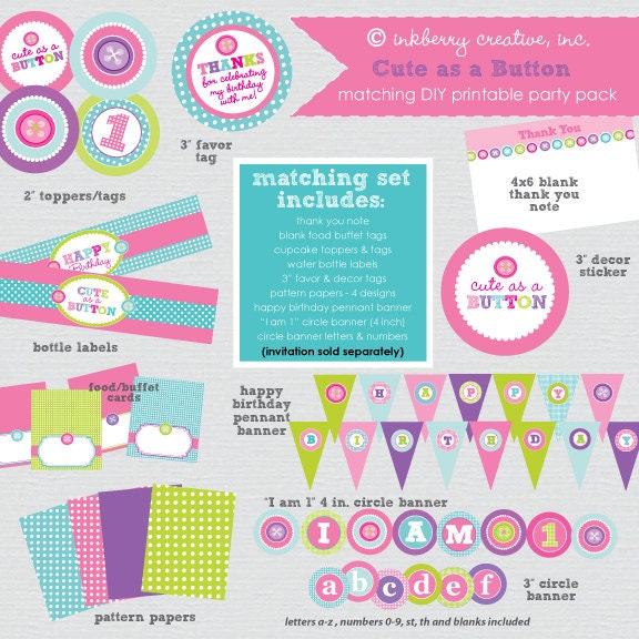 Cute as a Button First Birthday Party - DIY/Printable Complete Party Pack Il_570xn
