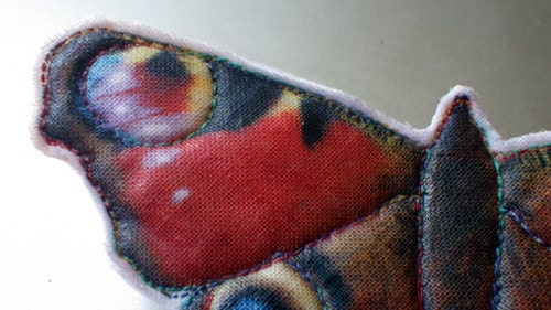 Peacock Butterfly Brooch, Freemotion Embroidered, Printed Fabric