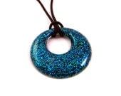Bright TEAL Circle Pendant, Sparkling Dark Blue Green Glitter Necklace on Black Cord
