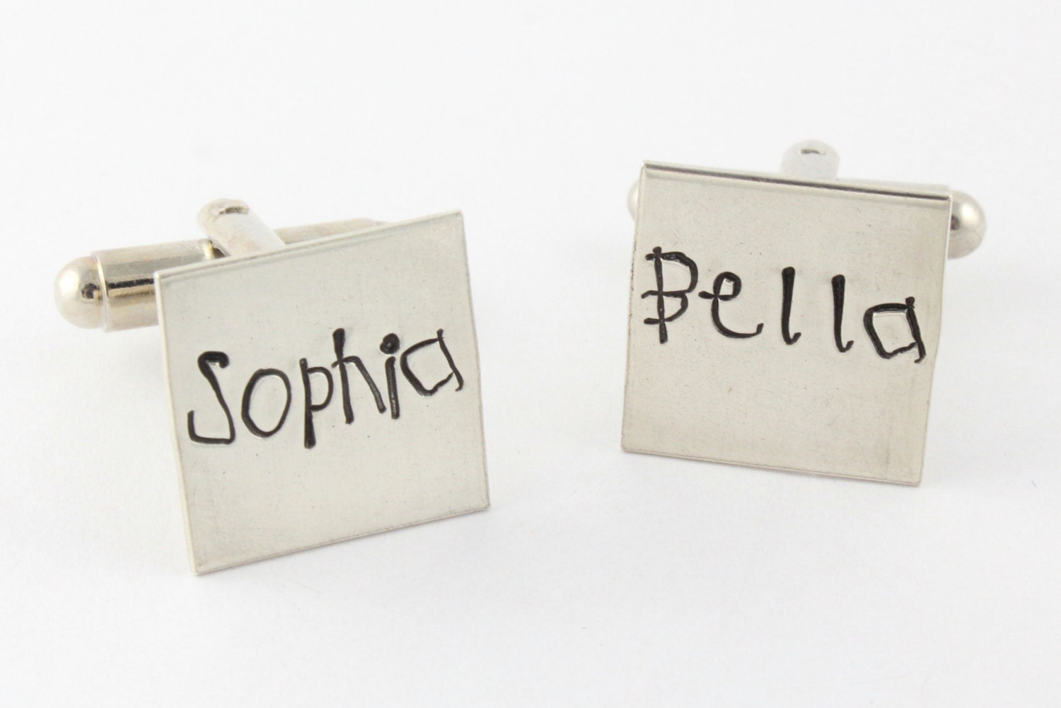 Sterling Silver Square Cufflinks - Kids First Print Font - Custom Hand Stamped Men's Cuff Links - Shirt Fasteners - Father's Day Gift