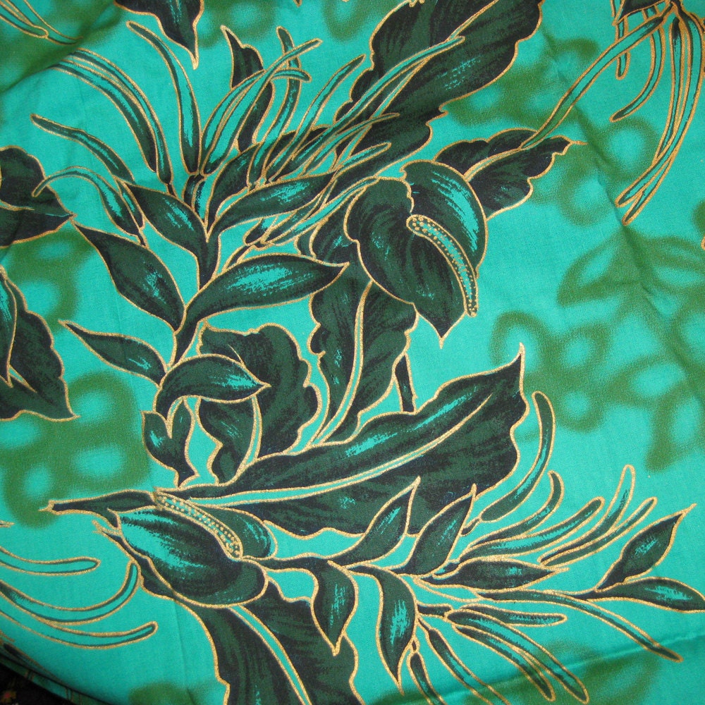 1950s Vintage Tropical Print FABRIC - Screen Printed - Green Fabric with Metallic Gold- Crisp COTTON