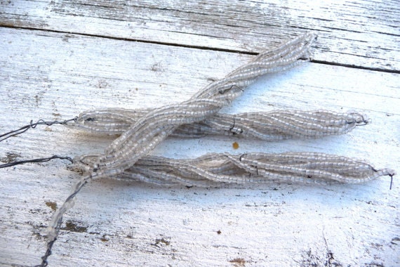 Vintage 1900 French beadwork batch of 3 branches petal flowers leaves dusty sheer white