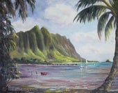 KANEOHE BAY Original Oil Painting 11x14 Art Hawaii Waiahole Beach Oahu Boat Sailboat Koolau Mountain Ocean Palm Tree Chinamans Hat