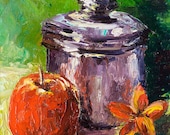 APPLE PLUMERIA Original Oil Painting Palette Knife Art Artwork Still Life Stainless Steel Canister Hawaii Aloha Flower Tropical
