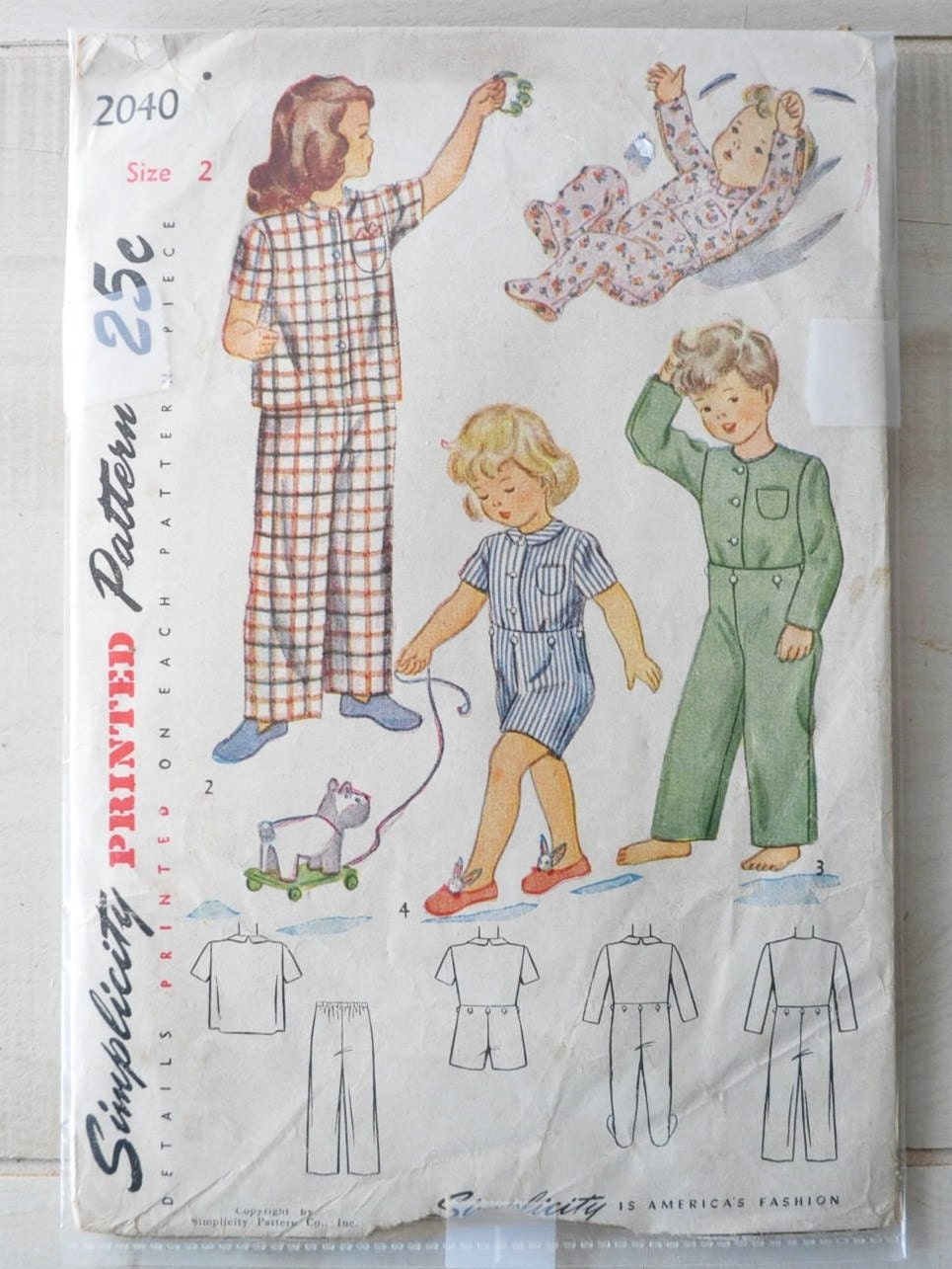 1940s adorable vintage Simplicity Pattern 2040--size 2 childs pajamas