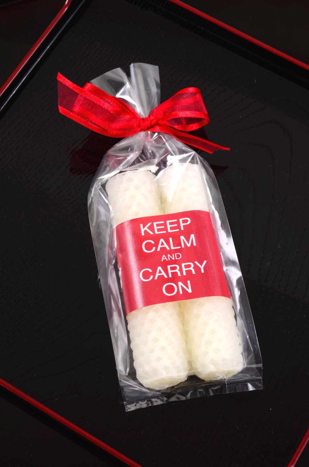 Keep Calm and Carry On Party Favor Candle Keep Calm Candle Favors Whtie and Red Beeswax Candles 4 Inch Taper Candles Pair Unique Handmade