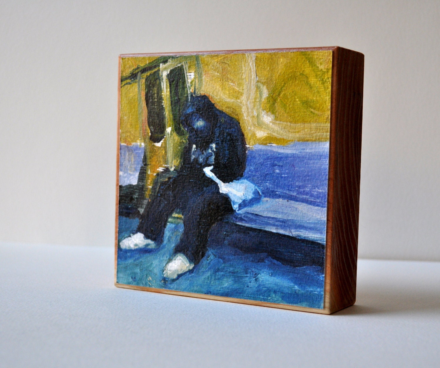 Art Oil Painting New York City Male Hoodie Subway Rider Mounted PRINT on Redwood Block