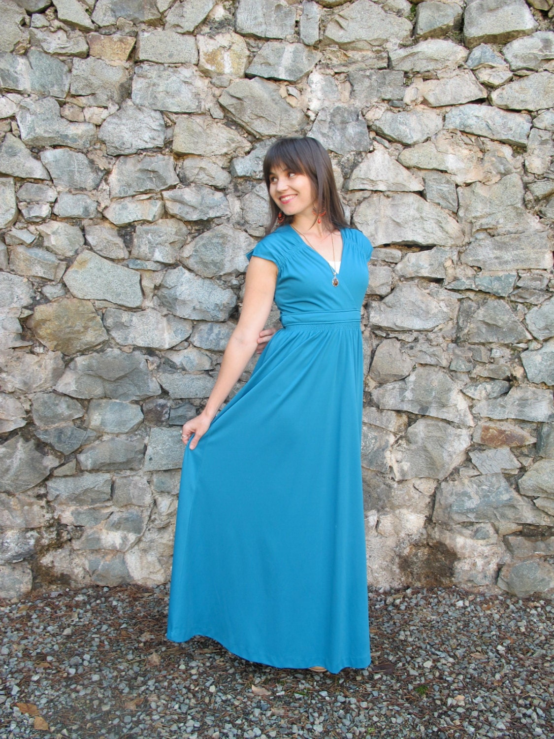 Ocean Blue 70s Satin Maxi Gown
