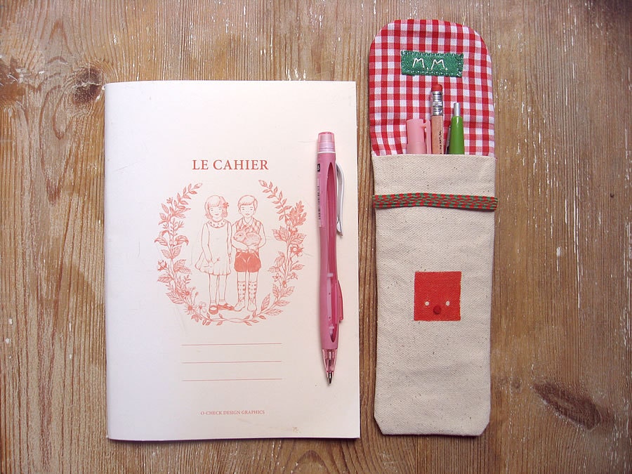 Pencil case. Eyeglass case. Red Square. Hand printed cotton canvas case with red gingham fabric and elastic band.