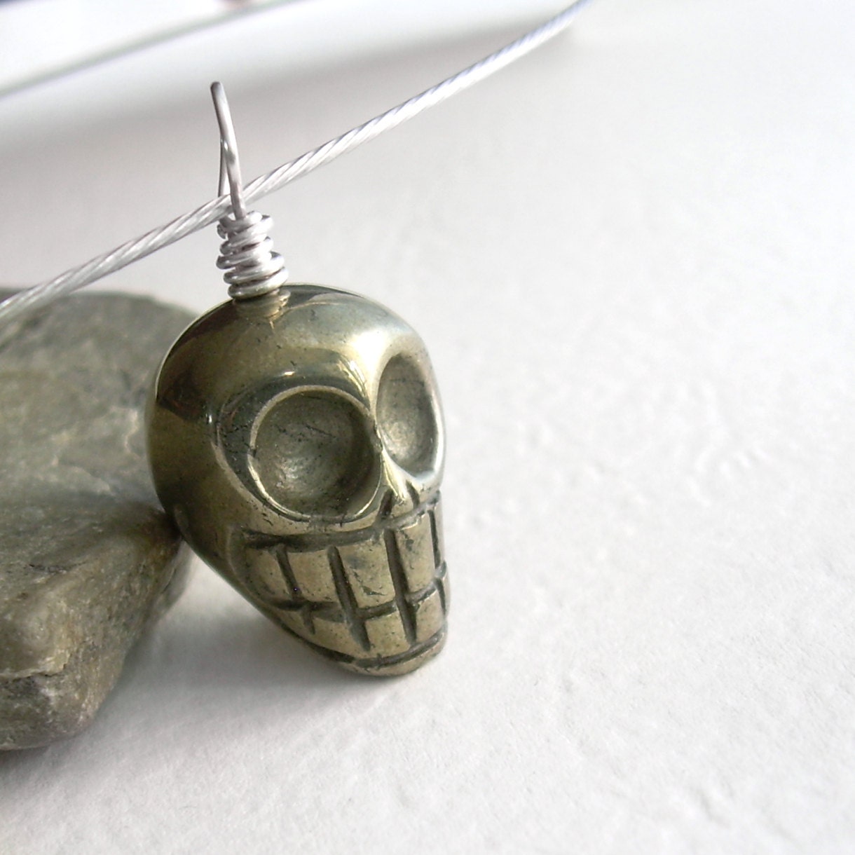 Pyrite Skull Necklace, Mens Jewelry, Fools Gold Stone Choker