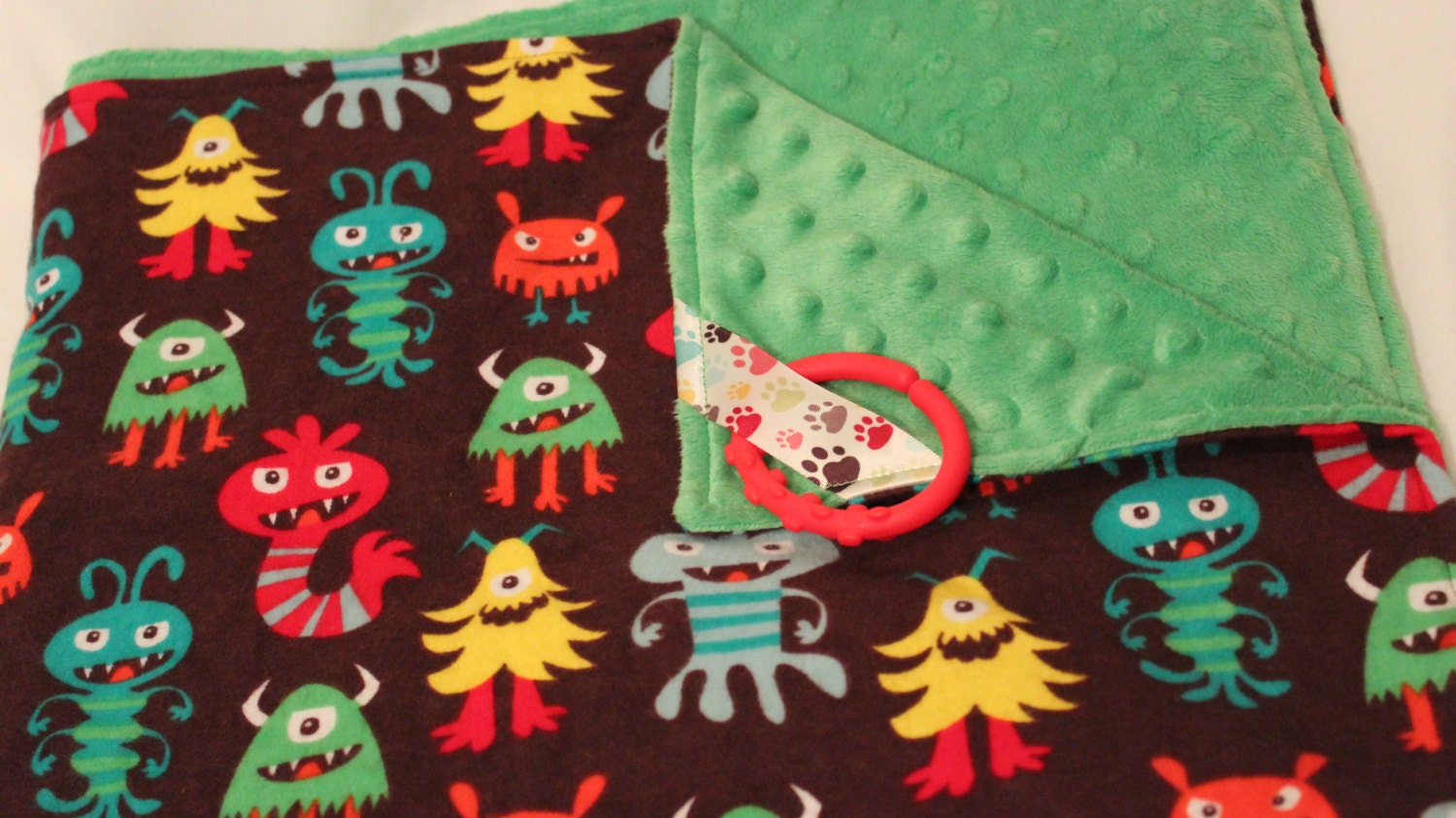 Baby Blanket Monster Flannel and Green Minky  29 x 30 inches