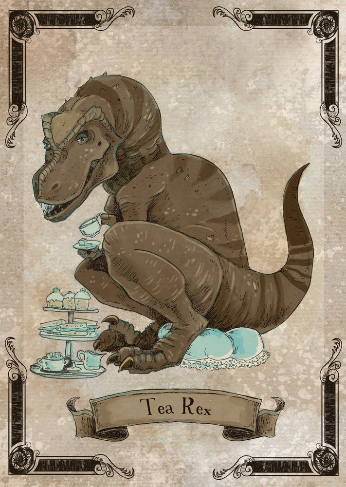 Tea Rex steamPUNk dinosaur print 8x10