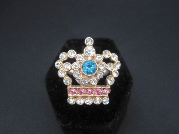 Beautiful Upcycled Statement Ring, Pink, Blue and Clear  Rhinestone Crown Design