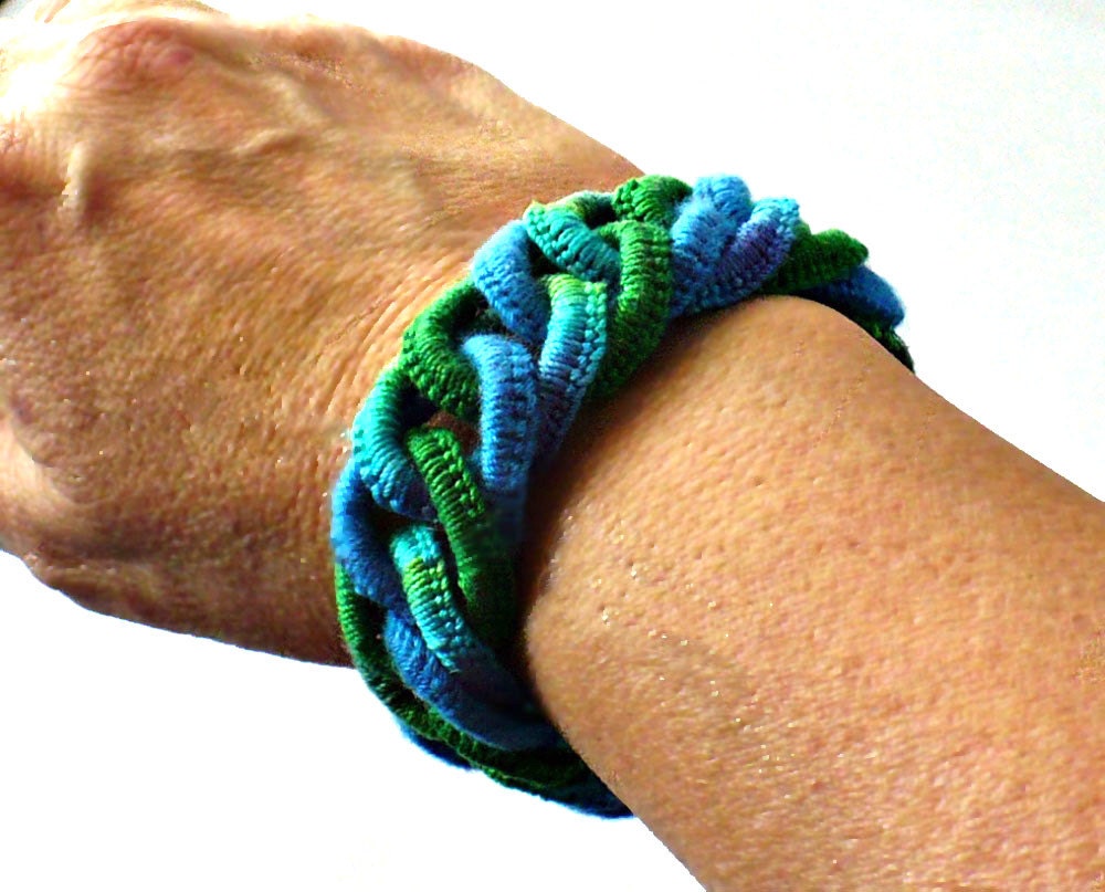 Crochet Bracelet Fiber Bracelet Faux Chainmail Irish Lace Fine Thread Bracelet Royal Blue Green Sea Colors