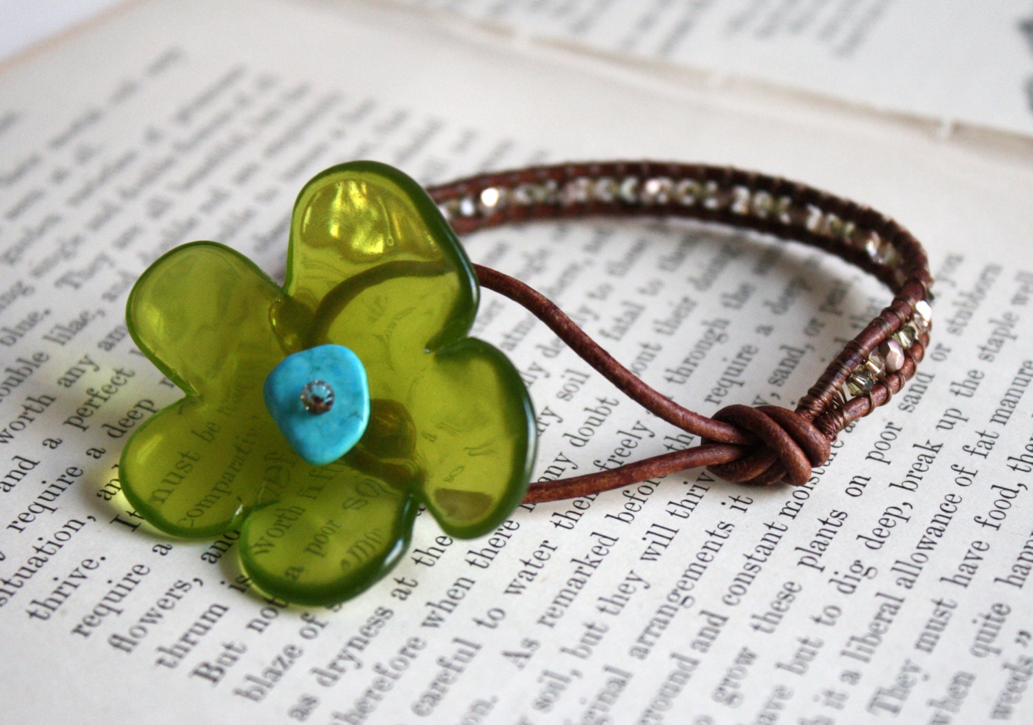 Leather wrap bracelet - Earth tone beads with olive green flower closure