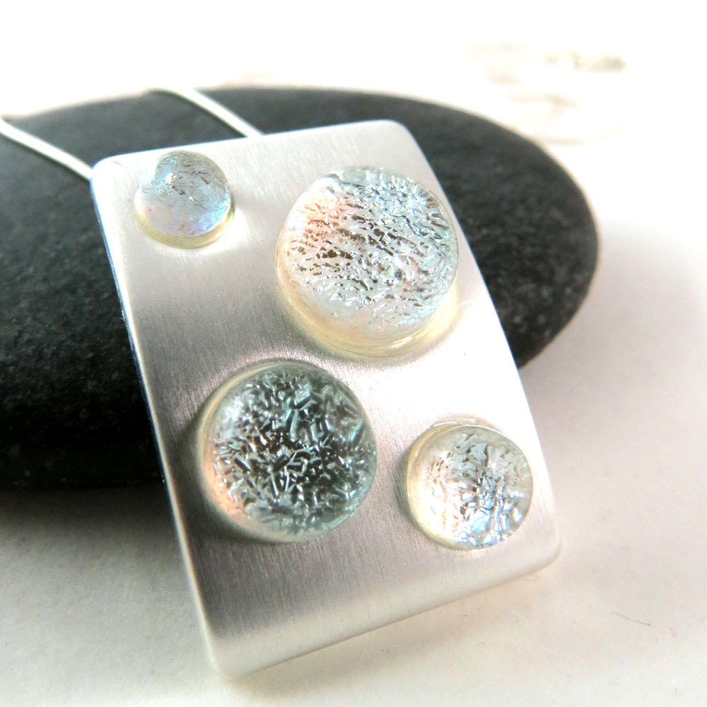 Modern Rectangular Pendant Necklace - Celebration in All Silver - Fused Glass - Dichroic Glass - Ready to Ship