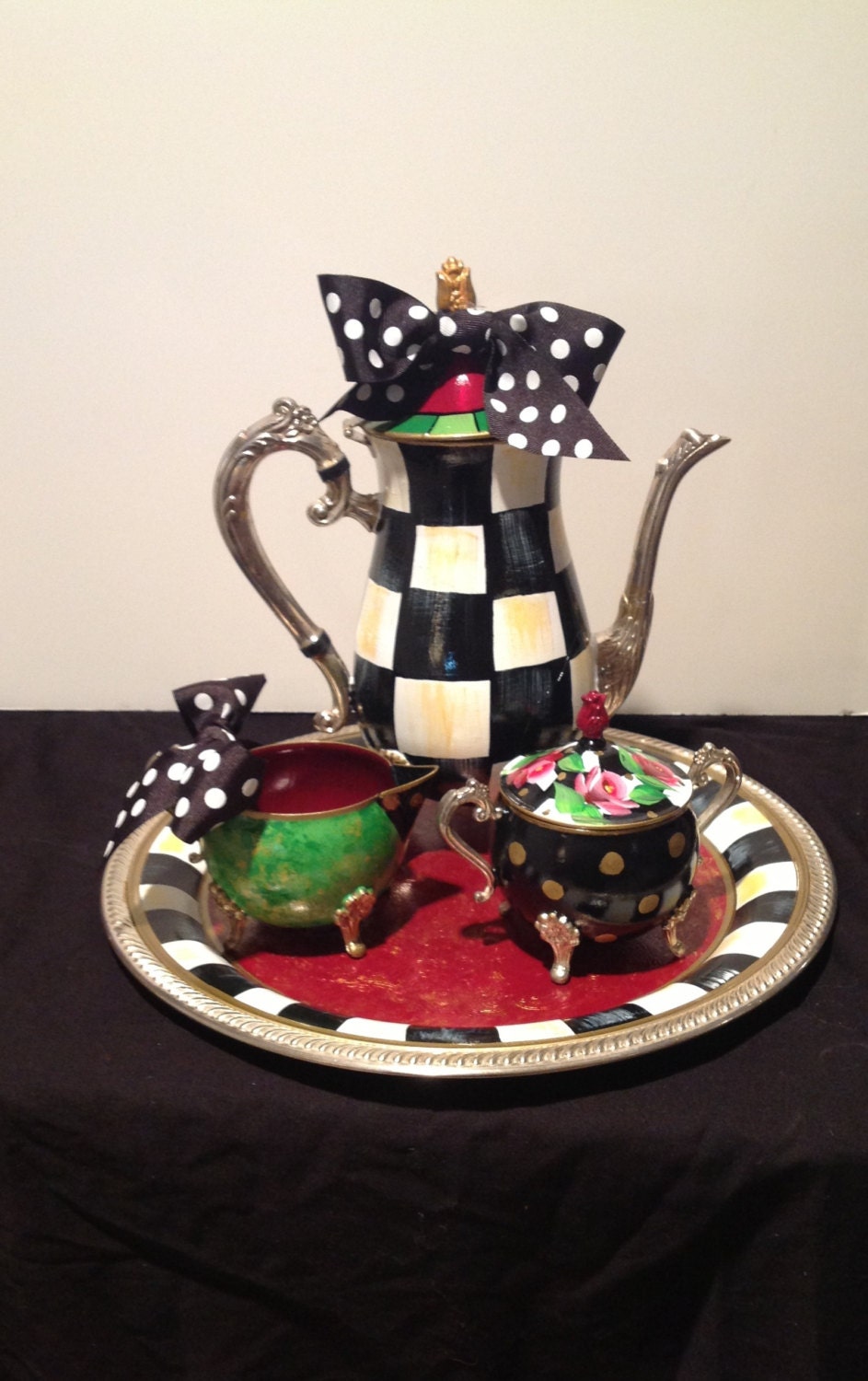 Custom Painted Silver Tea Set - Tea Pot - silver tray sugar creamer