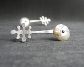EARRINGS sterling silver modern fern tops with vintage buttons and rivets