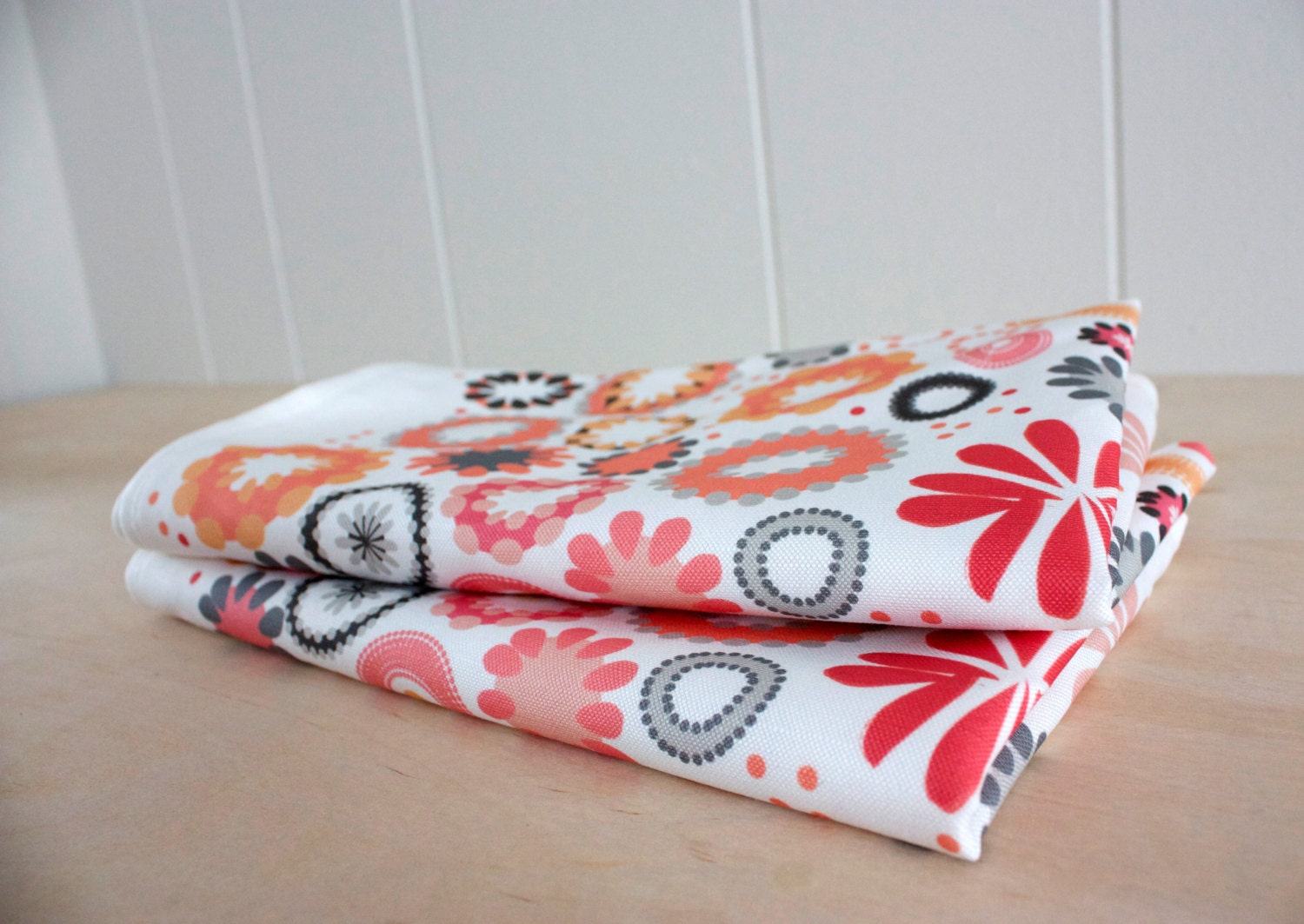 Garden Party Florals in Corals - Linen Cotton blend Tea Towel 18 x 24 inch - wickedmint