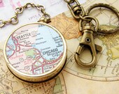 personalized keychain, Double Map Compass personalized keychain graduation gift, two city map wedding gift personalized anniversary gift