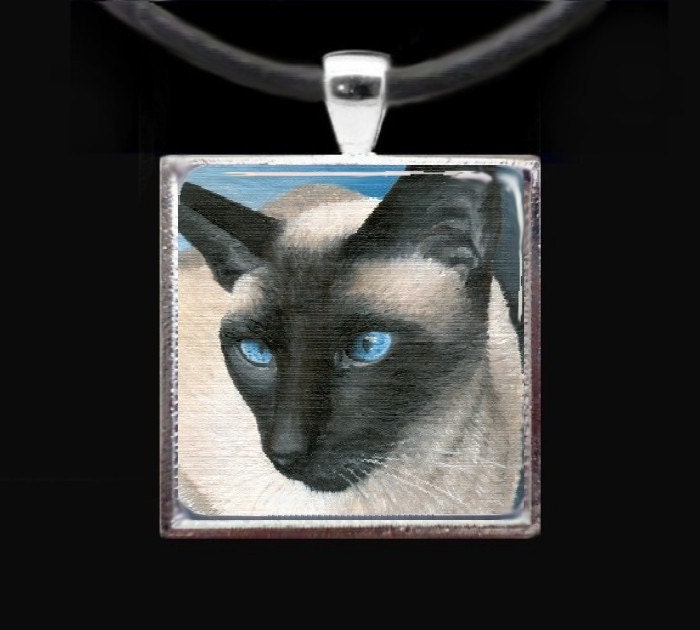Handmade Glass Pendant Tray Cat Boy Siamese Jewelry Necklace from art painting by L.Dumas
