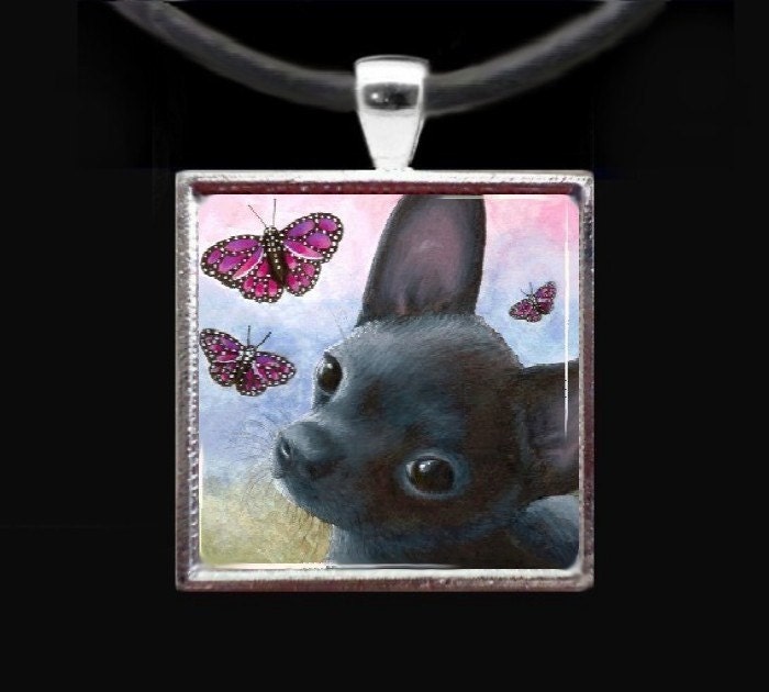 Handmade Glass Pendant Tray Dog 91-3 Chihuahua Jewelry Necklace from art painting by L.Dumas