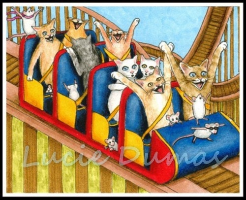 Set of 4 Note Cards Cat 385 roller coasters mouse from funny art painting L.Dumas