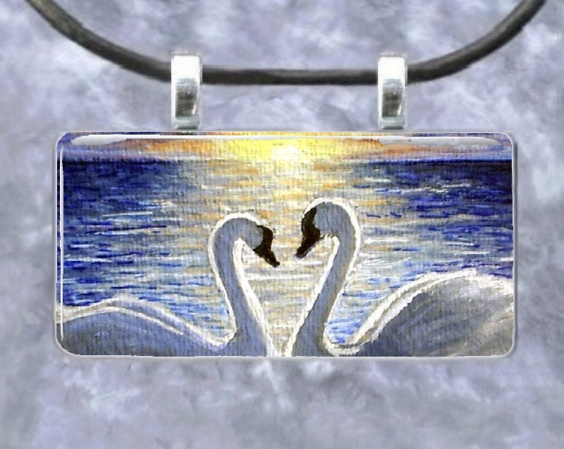 Art Glass Pendant Rectangle Jewelry Necklace 2 bails Bird 13 Swan painting by L.Dumas