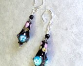 Earrings Lampwork Flowers Faceted Black Onyx Bali Sterling Silver Dangle