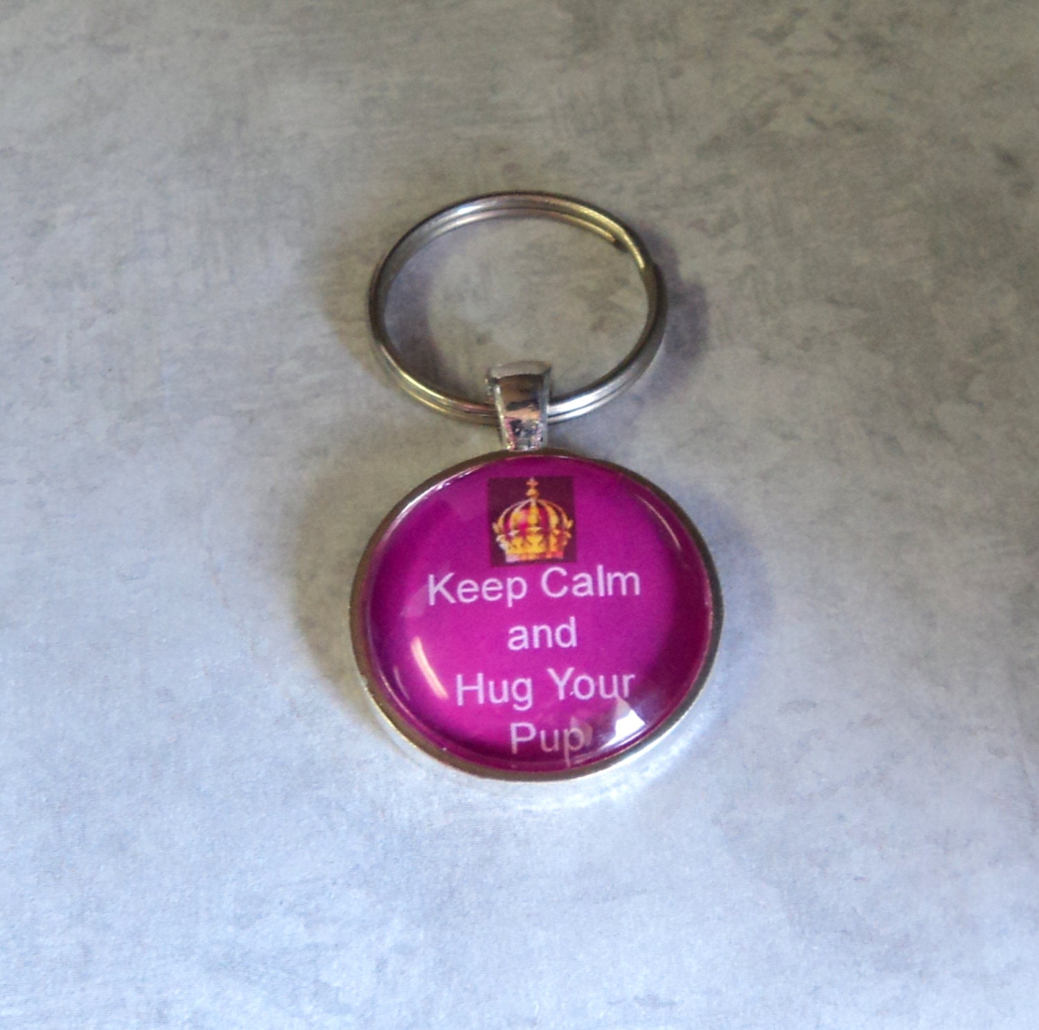 Keychain Purse Dangle Fob Round Silver Keep Calm and Hug Your Pup Purple Dog Lover