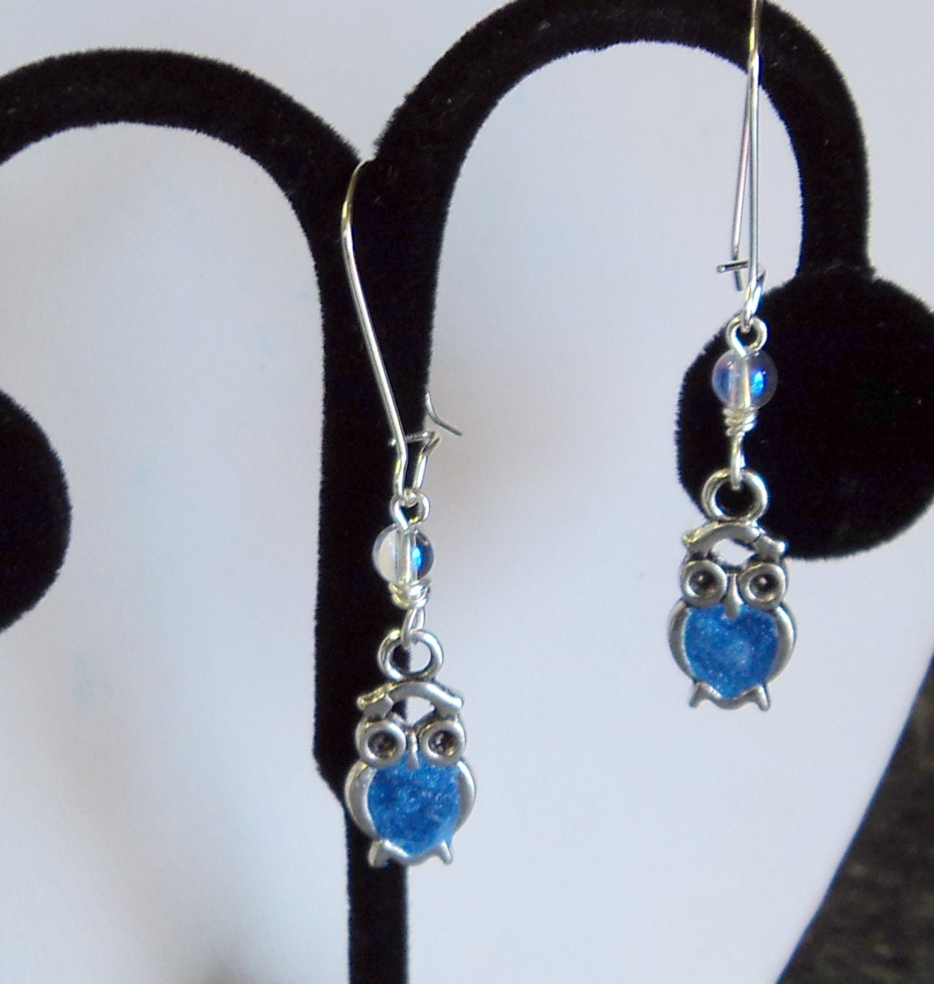 Earrings Little Silver Owls with Polymer Clay Blue and Crystal Quartz Dangle