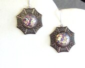 Earrings Amethyst Opal Glass Round Antique Silver Bagua Dangle Pierced