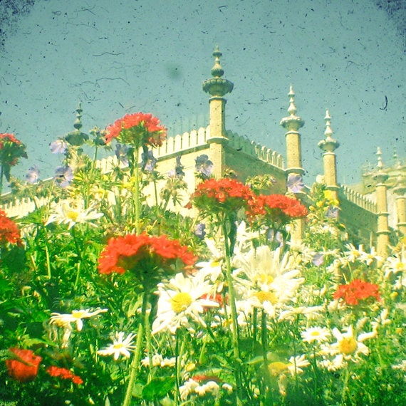 The Palace - Flower photography, Royal Pavilion in Brighton, red, green, garden photograph 8x8 Print