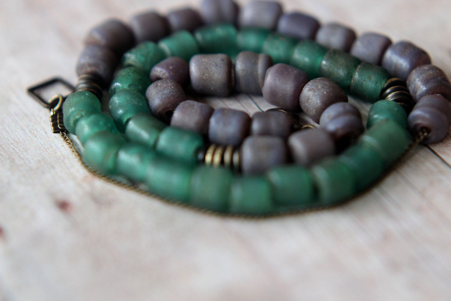 Rustic Glass Bead Necklace - Gritty Glass Tribal Ethnic Strands - Teal Green, Dusty Lavender - Raw, Unfinished, Reclaimed - Gift Box