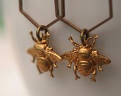 Honey Bee Hexagon Earrings - Geometric, Gold Brass Dangles - Bumble Bee - Summer Earrings - Gift Box
