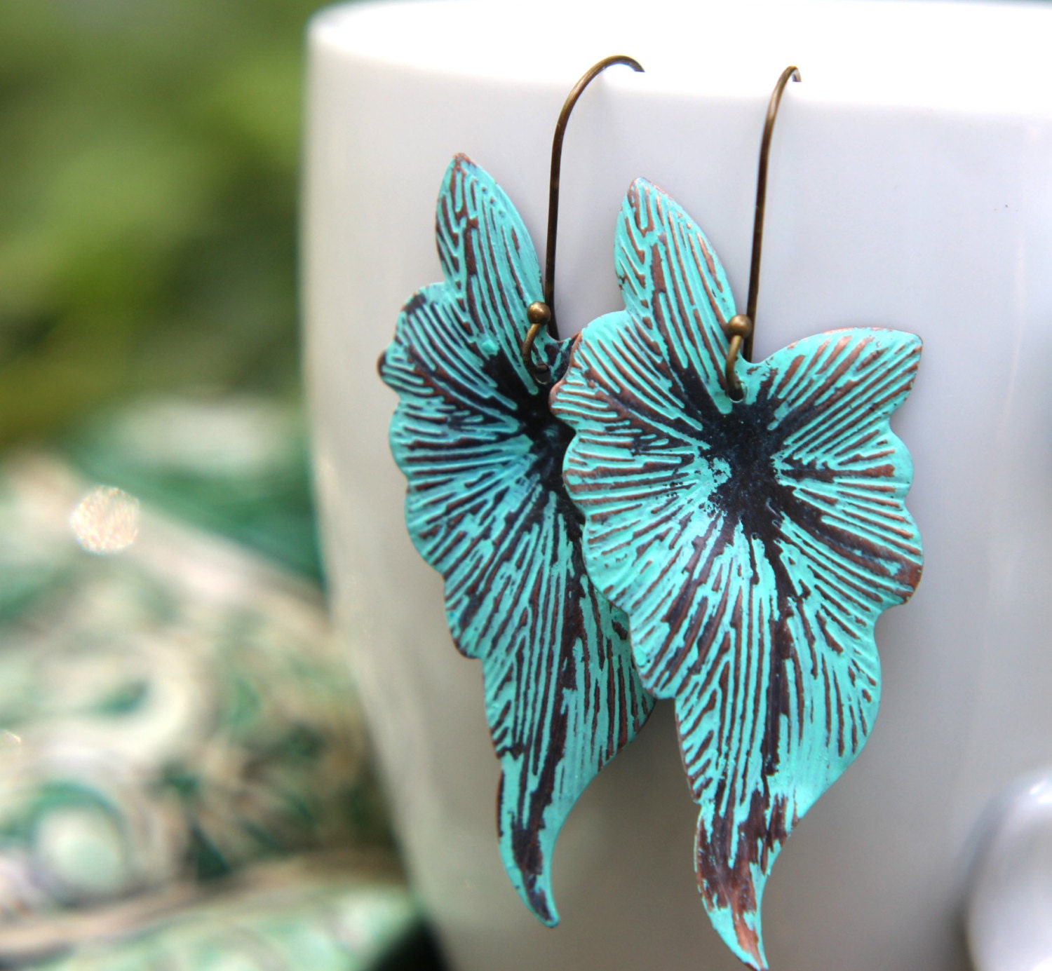 Caladium Leaf Earrings - Verdigris Patina - Green on Copper - Exotic, Tropical, Summer Flowers - Gift Box