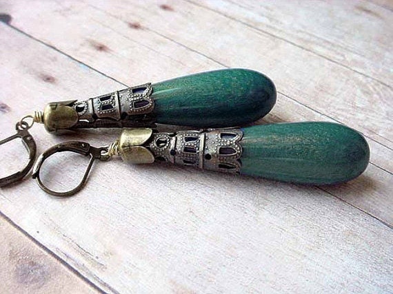 CLEARANCE 40% OFF Dark Teal Green Earrings - Pearlescent Emerald Shimmer Teardrop Dangles Filigree