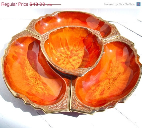 Memorial Day SALE Mid Century Modern Ceramic Relish Tray Orange, Yellow & Metallic Gold Volcano Drip Raku Glazed USA Pottery
