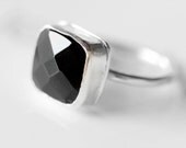 Beautiful square faceted cushion cut black onyx and sterling silver ring. Modern jewellery. Stacking ring. Handmade by Norita Designs
