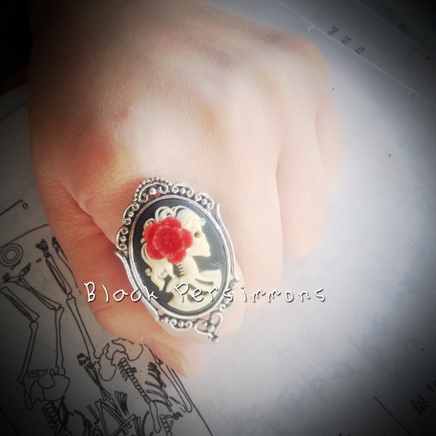 HOLIDAY SPECIAL - Miss Skeleton Gothic Ring - Girl Zombie Lady Skull Cameo - 4 Different Flower Colors - Free Domestic Shipping