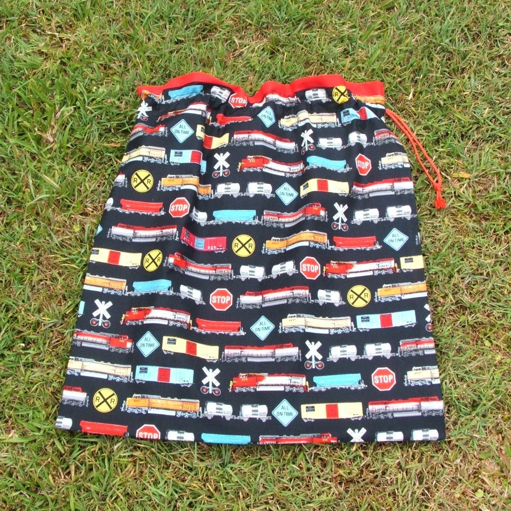 Library bag, large red and black drawstring bag, freight train, for school, kindy sheets or toys