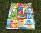 Large toy bag or drawstring library bag, colourful cotton kids print