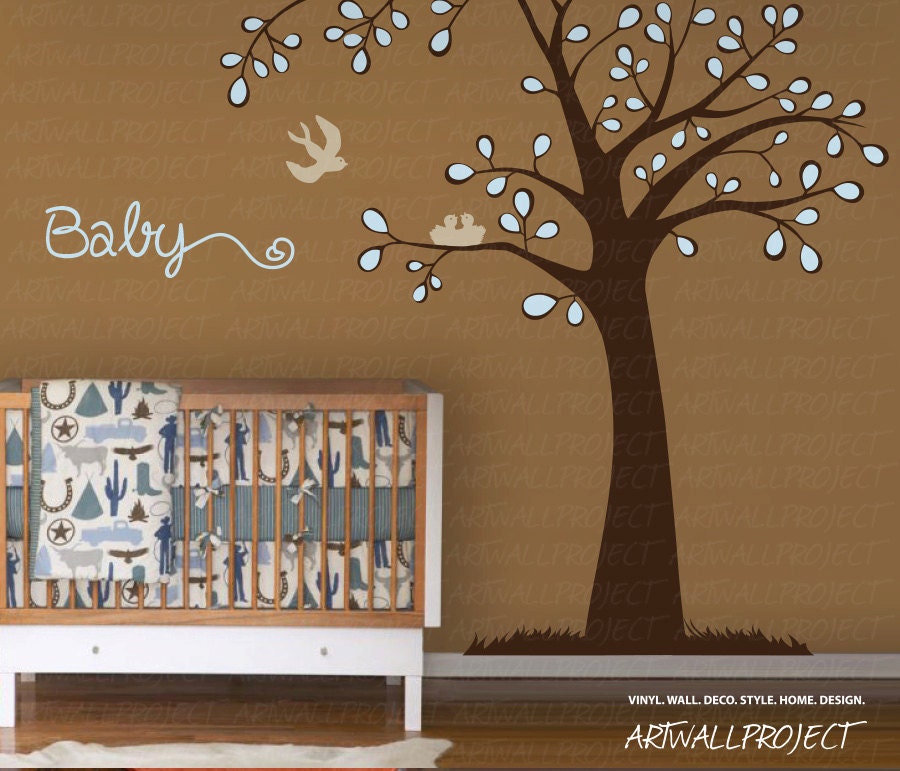 Top cut off Tree with Color Circle leaves - Tree wall decal, home decor, Tree and birds - Nursery