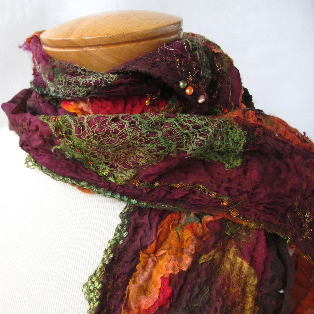 Brown, orange, and burgundy nuno scarf
