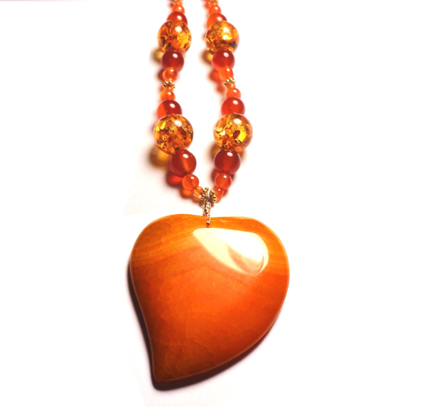JUICY HEART Carnelian Amber Jade Agate 12k Gold Fill 18in Pendant Necklace  N538