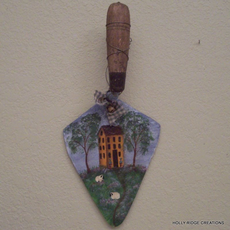 Handpainted, Primitive Saltbox Scene, Vintage Trowel