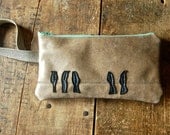 birds on a wire repurposed leather clutch