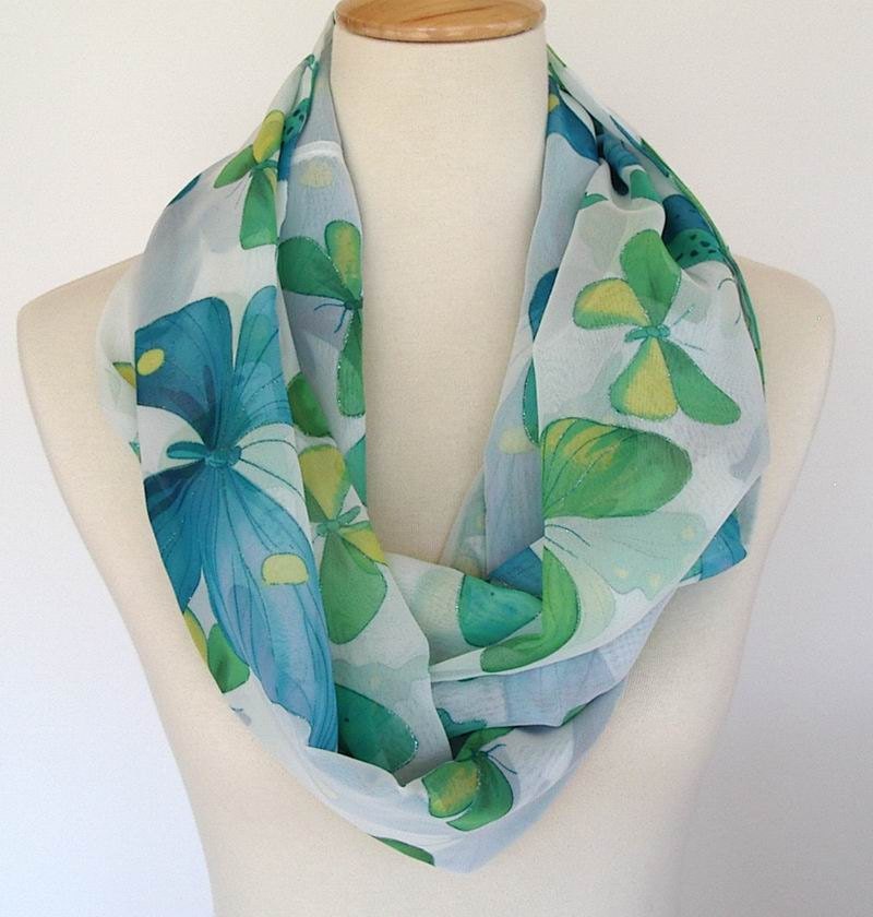 Silky Infinity Scarf Butterflies Aqua Lime Green Yellow Turquoise on White Fashion Accessory