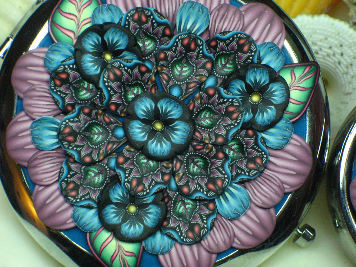 Compact Mirror Flowers Kaleidoscope Millefiori in Polymer Clay